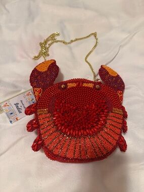 Red Beaded Crab Crossbody Bag with Gold Chain